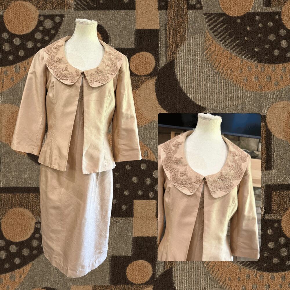 Vintage Late 80s Early 90s Spencer Jeremy Champagne Lace Jacket Dress Set Size 8